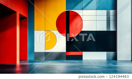 Bauhaus forms. Square tiles with modern geometric patterns with abstract figures and shapes. Contemporary graphic Bauhaus design set. Circle, triangle and square lines art., 124194463