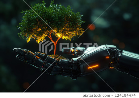A hand robot holds a small plant with a glowing digital ai network symbol, representing biotechnology, genetic engineering, and sustainable innovation. A hand robot holds a small plant with a glowing digital ai network symbol, representing biotechnology, genetic engineering, and sustainable innovation. 124194474
