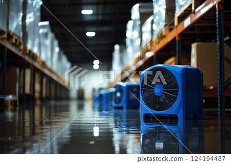 Industrial fan in a warehouse with a wet floor, cleanup, and pavement dried out. 124194487