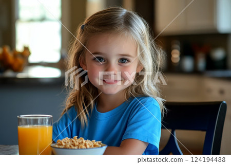 girl eating cereal and orange juice having breakfast. 124194488
