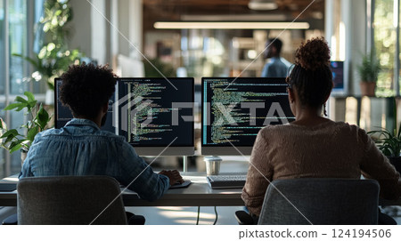 Two software testers african american young man and woman working in office with computer coding and pointing at monitor. 124194506