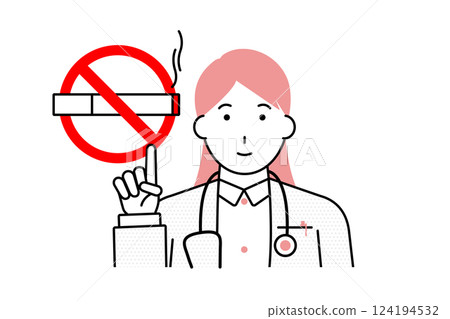 Illustration of a female doctor pointing at a no smoking sign Illustration of a female doctor pointing at a no smoking sign 124194532