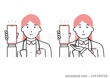 一位女醫生展示智慧型手機螢幕的插圖 124194538