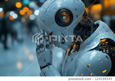 Humanoid robot thinking against a isolated background with copy space. burnout and tired with an exhausted feeling overworked concept. 124194543