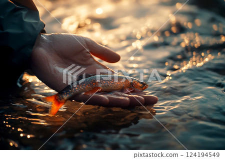 Close-up of a hand releasing a fish into the water. 124194549