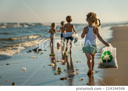 children run with holding a recycling trach bag filled with various recyclable items on beach ..Environment Day concept. Generative AI 124194566