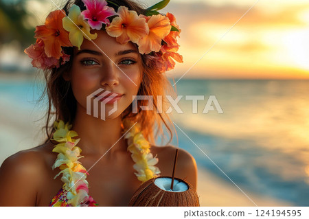 Happy woman in a Hawaiian style holding and showing off coconut drink on tropical beach.., 124194595