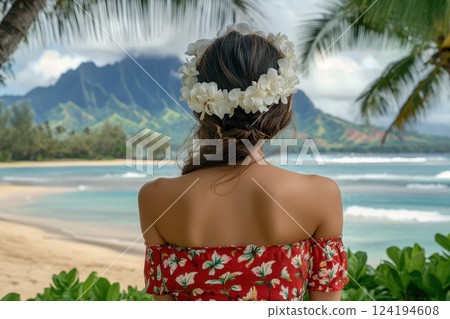 Back view woman Hawaii beach girl with crown . Generate AI.,. 124194608