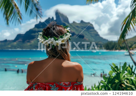 Back view woman Hawaii beach girl with crown . Generate AI., 124194610