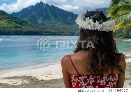Back view woman Hawaii beach girl with crown . Generate AI, 124194617