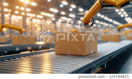 cargo management warehouse software. AI-powered robotic arms sorting goods on conveyor belts in a clean, modern warehouse, innovative cargo handling solutions concept. cargo management warehouse software. AI-powered robotic arms sorting goods on conveyor belts in a clean, modern warehouse, innovative cargo handling solutions concept. 124194625