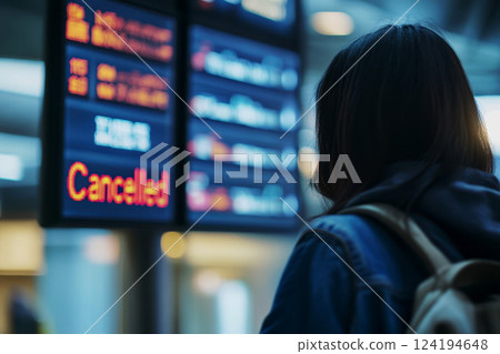 a traveler woman at an international airport looks at the flight information board and cancelled flight checking 124194648