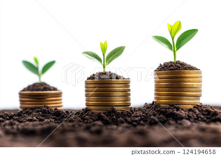 pile of golden coins symbolizes financial growth with small plant emerging from top representing on isolated white background. 124194658