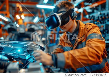 Auto mechanic working car by diagnosis with virtual reality headset, .ai generative 124194694