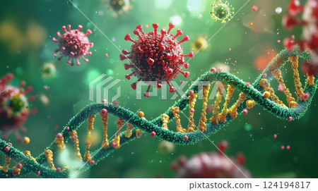 DNA helix and coronavirus particles on dark background in abstract biological illustration style 124194817