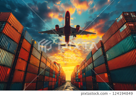 shipping containers in different colors. Transport business. Logistics import and export concept. Generative AI 124194849