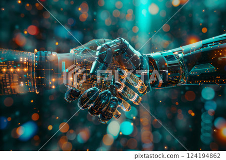 robot shaking hands, concept of technological innovation, cooperation between robots and future artificial intelligence 124194862