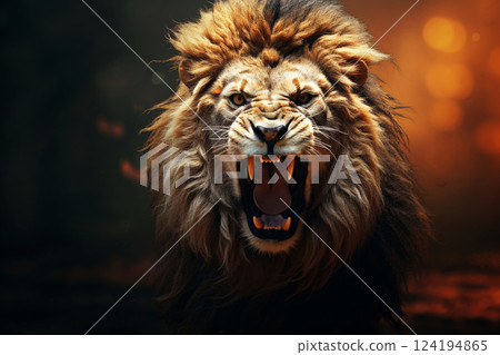 A lion roaring in the wild, representing power and majesty, concept of Wilderness, Generative AI 124194865