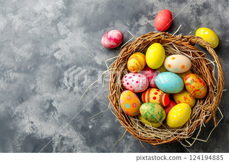 Easter bunny with Easter eggs. Easter festival concept. Generative AI. 124194885