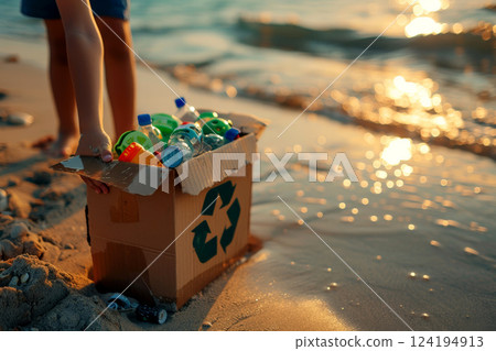 hands holding a recycling box filled with various recyclable items on beach ..Environment Day concept. Generative AI hands holding a recycling box filled with various recyclable items on beach ..Environment Day concept. Generative AI 124194913