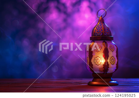Ramadan lantern with candles on wooden table for mockup ,Ramadan event, ai generative 124195025