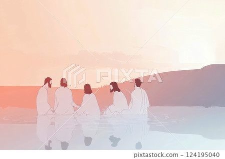Minimalist scene of Jesus washing feet, reduced to essential forms with soft gradients, warm muted colors, abstract disciples suggested by overlapping shapes. 124195040
