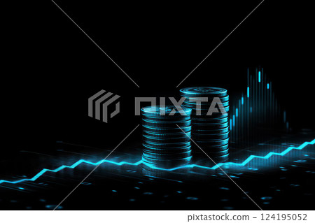 Close-up of stacked coins with financial graphs, representing investment growth and cryptocurrency trends in a dynamic economic environment. 124195052