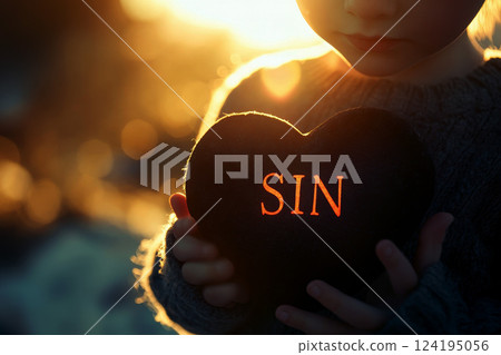 Closeup of a child holding a black heart with red sin text letters in her hands. . concept for salvation and forgiveness of sins. Religious belief, Jesus gospel. Closeup of a child holding a black heart with red sin text letters in her hands. . concept for salvation and forgiveness of sins. Religious belief, Jesus gospel. 124195056