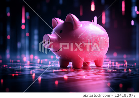 Abstract digital piggy bank on glowing patterns background. Money, deposit, capital, economy, investment business financial concept. 124195072