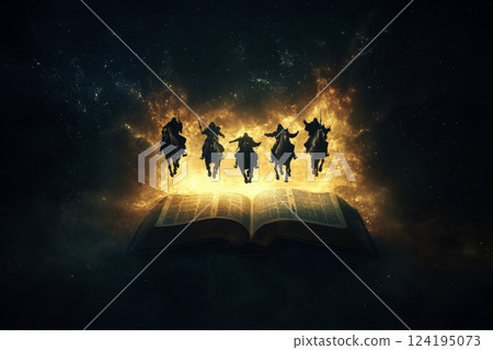 A dramatic scene featuring horsemen emerging from flames with an open book in the foreground. A dramatic scene featuring horsemen emerging from flames with an open book in the foreground. 124195073