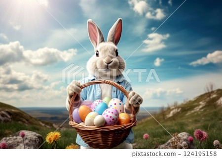 adorable bunny surrounded by vibrant Easter eggs . Generative AI adorable bunny surrounded by vibrant Easter eggs . Generative AI 124195158