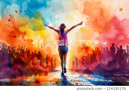 An athlete, woman, runner, arrives at a finish line and raises hands in celebration. Concepts of success, win, and achievement. Generative AI 124195176