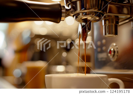 Close-up of espresso pouring from coffee machine in coffee shop. generative ai Close-up of espresso pouring from coffee machine in coffee shop. generative ai 124195178