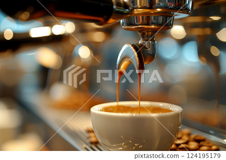 Close-up of espresso pouring from coffee machine in coffee shop. generative ai 124195179