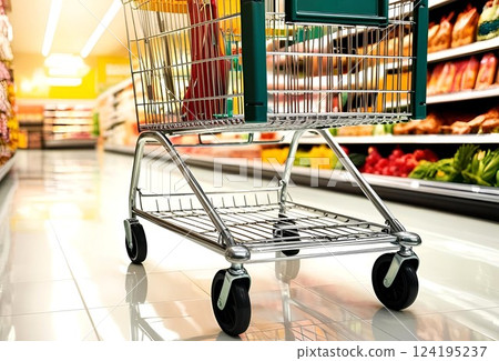 Shopping cart in supermarket aisle 124195237