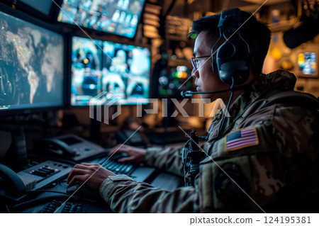 Soldier Command operating at control panel in monitoring war room on war base. Generative AI Soldier Command operating at control panel in monitoring war room on war base. Generative AI 124195381