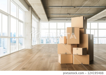 New Office with Cardboard Boxes, Packed Belongings, Moving and Storage Solutions.AI generative 124195488