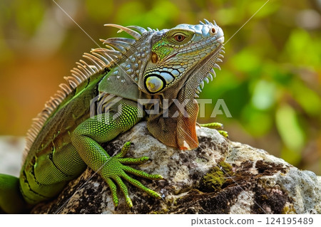 Green Iguana on a rock, national forest background. AI generative 124195489