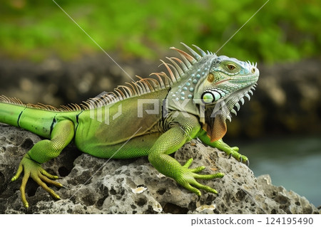 Green Iguana on a rock, national forest background. AI generative 124195490