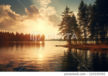 scenic mood of forests, rivers, calm mood and solitude. In the distance a breathtaking landscape at sunrise and sunset. Generative AI 124195491