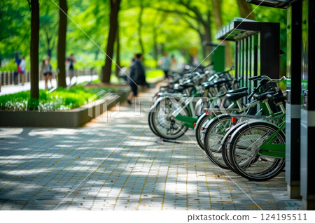 Bike sharing system, many yellow city bikes parked. Healthy ecology urban transportation.AI generative Bike sharing system, many yellow city bikes parked. Healthy ecology urban transportation.AI generative 124195511
