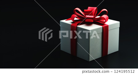 White gift box with red ribbon in black background. Generative AI White gift box with red ribbon in black background. Generative AI 124195512