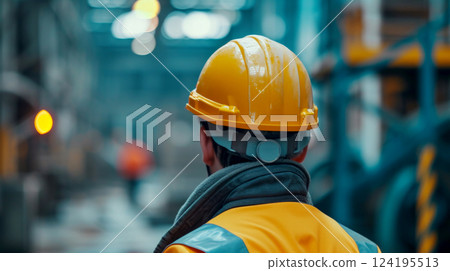 Back view of engineer with helmet looking up at site .Generative Ai 124195513