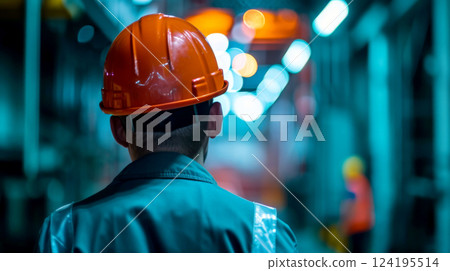 Back view of engineer with helmet looking up at site .Generative Ai 124195514