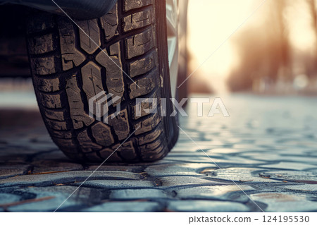 close up tire car in the city , Generative Ai 124195530