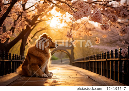 Dog sits on bridge in the blossom spring . Generative AI. 124195547