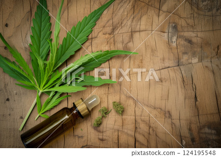 Hemp cannabis essential oil in a bottle and marijuana leaves. Generative AI, 124195548
