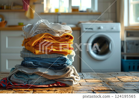 washing machine and a stack of laundry light background cozy house. Generative AI 124195565