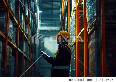 Manager in warehouse holding digital tablet. generative ai 124195696