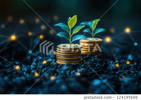 pile of golden coins symbolizes financial growth with small plant emerging from top representing on digital ai network. 124195698